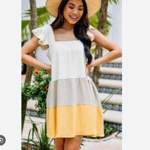 Entro size L color block gauze cotton ruffle sleeve dress